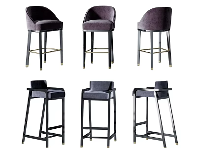 Contemporary Bar Stools Featuring Dark Purple Velvet Seats Black Metal Frames and Gold Accents 3d model
