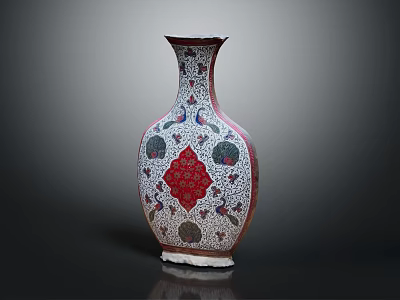 Traditional Decorative Vase With Slender Neck Intricate Red Blue Patterns And Floral Motifs 3d model