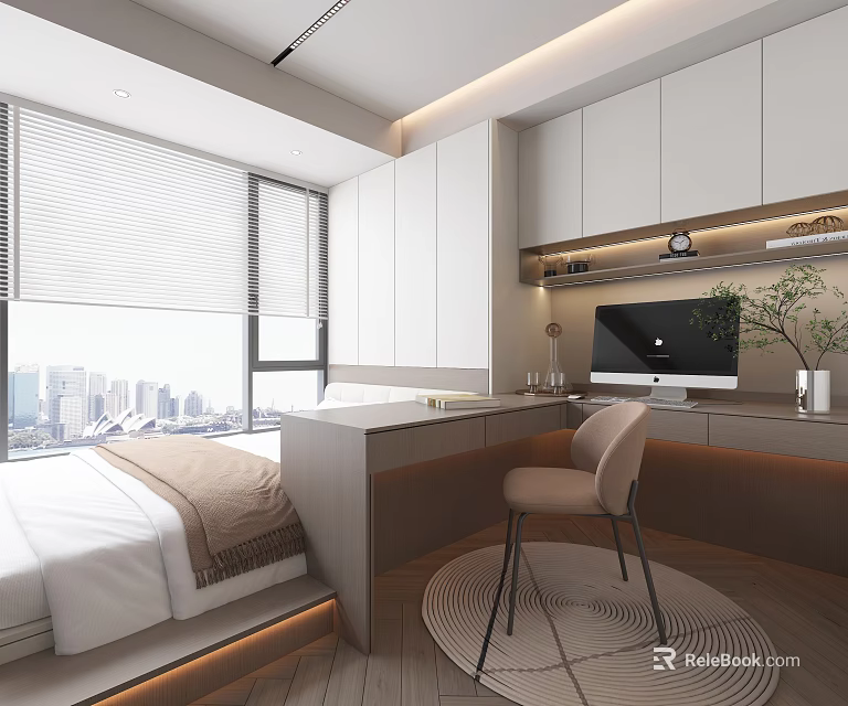 Tatami Bedroom Interior With Writing Desk Chair City View White Cabinets And Green Plant 3d model 