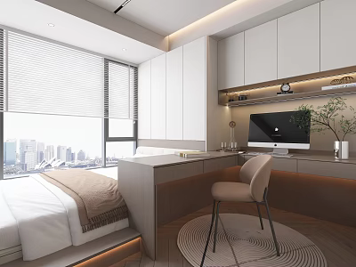 Tatami Bedroom Interior With Writing Desk Chair City View White Cabinets And Green Plant 3d model
