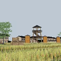 Idyllic Rural Landscape With Thatched Hut Watchtower Silos Rice Fields Trees And Road