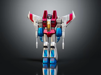 Red White Blue Transformers Toy Figure With Wings Standing Pose On Reflective Base 3d model