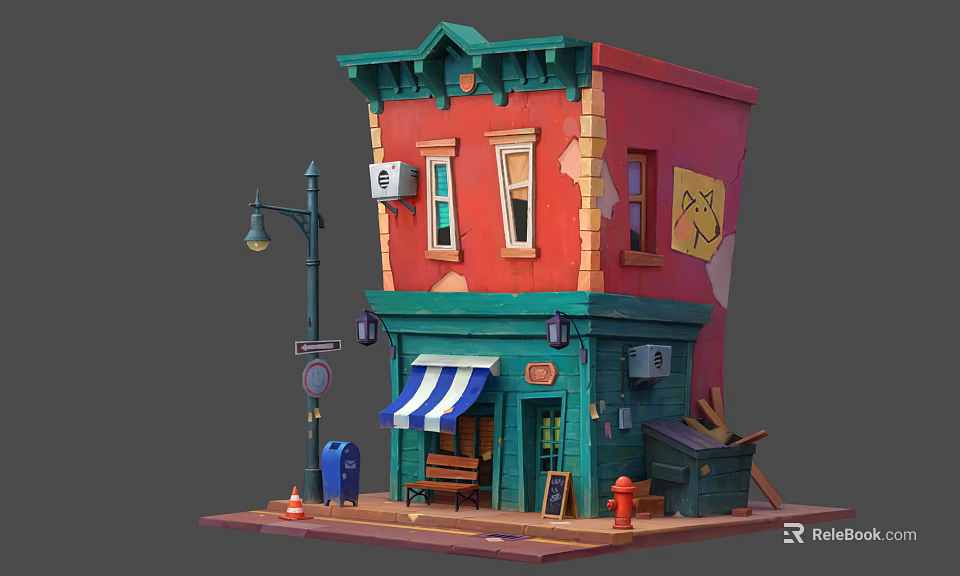 Cartoon Style Building Scene With Red Green Exterior Striped Awning Bench And Fire Hydrant 3d model 