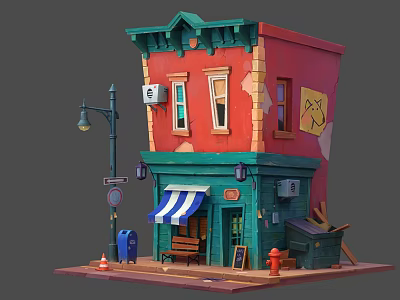 Cartoon Style Building Scene With Red Green Exterior Striped Awning Bench And Fire Hydrant 3d model
