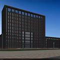 Modern Office Building Exterior Design With Glass Curtain Wall Dark Facade And Front Plaza