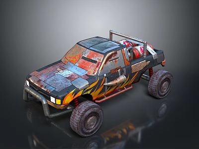 Off Road Truck With Large Tires Flame Decals Rusty Patched Body And Roof Rack 3d model