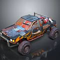 Off Road Truck With Large Tires Flame Decals Rusty Patched Body And Roof Rack
