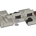 White Sectional Sofa With Multiple Pillows Dark Cushions Small Round Table And Throw Blanket 3d model