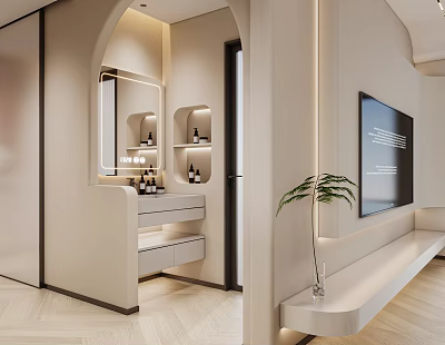 Modern Luxury Bathroom With Vanity Mirror Light Strips Plant Niche TV And Light Color Scheme 3d model