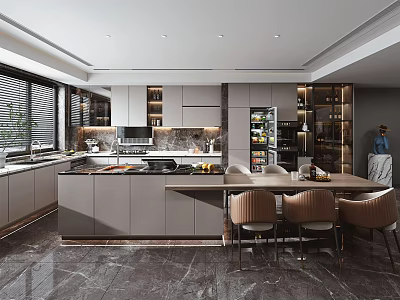 Modern Open Kitchen Interior With Island Counter Cabinets And Dining Table Chairs 3d model