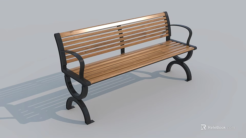 Outdoor Wooden Slat Bench With Black Metal Armrests And Curved Legs 3d model 