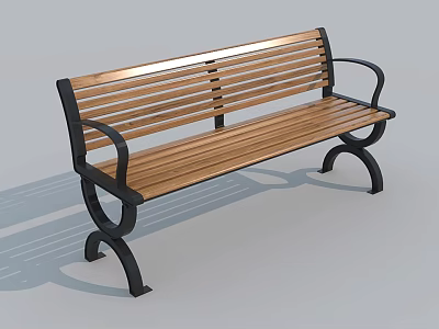 Outdoor Wooden Slat Bench With Black Metal Armrests And Curved Legs 3d model