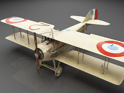 Vintage Biplane Model Featuring Cream Colored Fuselage Red Round Insignia On Wings And Wooden Propeller 3d model
