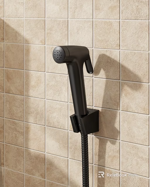Black Handheld Shower Head with Modern Design on Bathroom Wall Tile Background 3d model 