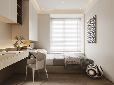 Tatami Bedroom Interior Design with Writing Desk Chair Roller Blinds and Wall Art 3d model