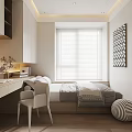 Tatami Bedroom Interior Design with Writing Desk Chair Roller Blinds and Wall Art
