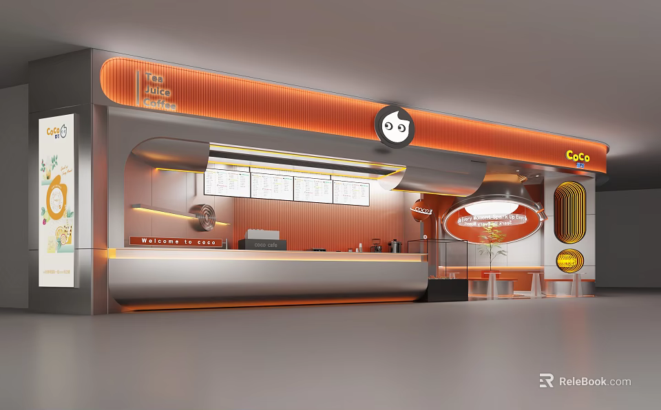 Modern Bubble Tea Shop Interior With Orange Decor Counter And Menu Board 3d model