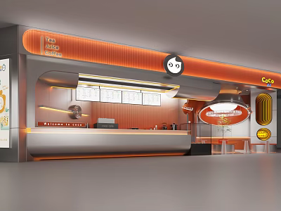 Modern Bubble Tea Shop Interior With Orange Decor Counter And Menu Board 3d model