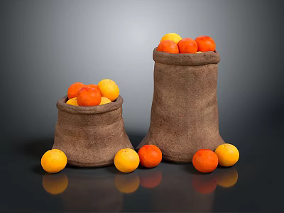 Fresh Orange And Yellow Fruits In Burlap Sacks With Scattered Pieces 3d model