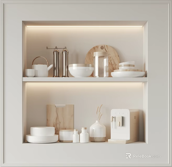 Illuminated White Kitchen Shelf with Wooden Cutting Board White Tableware Metal Bottles and Small Appliance 3d model 
