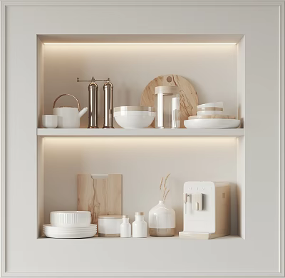 Illuminated White Kitchen Shelf with Wooden Cutting Board White Tableware Metal Bottles and Small Appliance 3d model