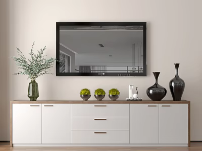 Modern White and Wood TV Stand with TV Decorative Vases Green Plants and Ornaments 3d model