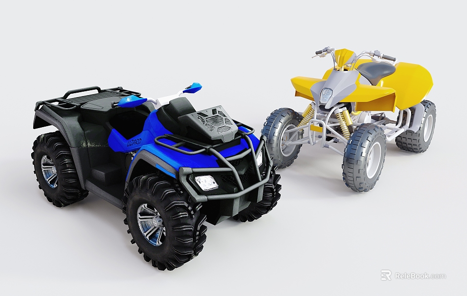 Two Blue and Yellow ATV Motorcycles with Sturdy Off Road Design 3d model 