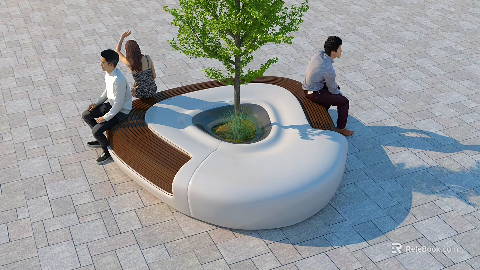 Circular Design Outdoor Chair With Wooden Brown Seats White Frame And Central Tree For Public Park Relaxation 3d model 