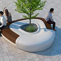 Circular Design Outdoor Chair With Wooden Brown Seats White Frame And Central Tree For Public Park Relaxation