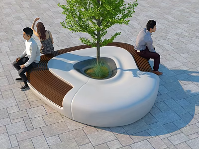 Circular Design Outdoor Chair With Wooden Brown Seats White Frame And Central Tree For Public Park Relaxation 3d model