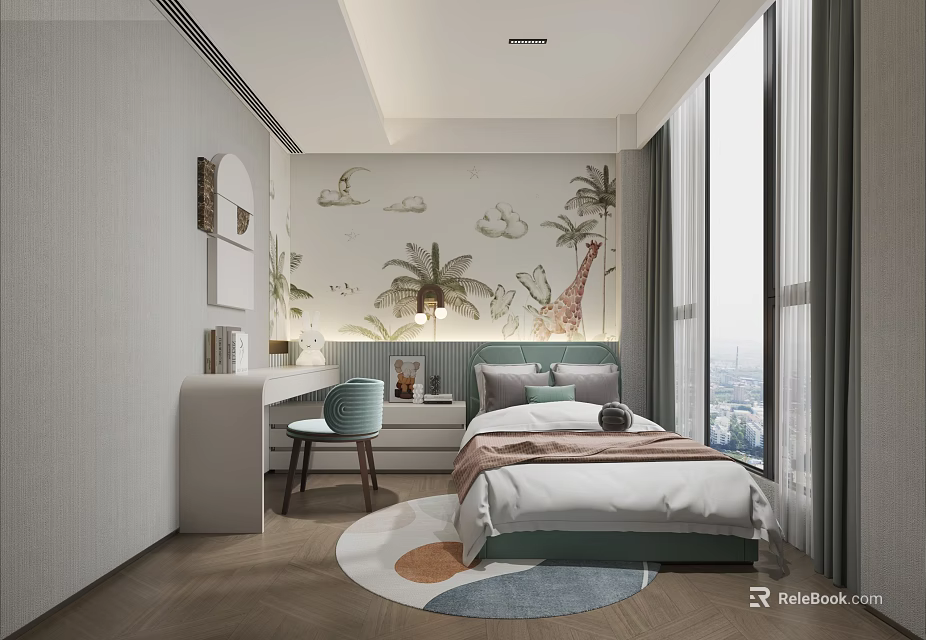 Modern Children's Bedroom With Tropical Wallpaper Study Desk And Bed 3d model 