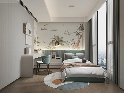 Modern Children's Bedroom With Tropical Wallpaper Study Desk And Bed 3d model