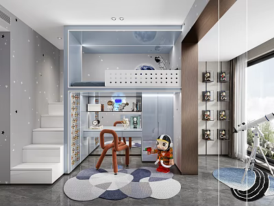 Kids Room Interior With Bunk Bed Staircase Toys Bookshelf And Starry Wall Decor 3d model