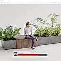 Outdoor Landscape Seat With Wooden Surface And Concrete Planters Surrounded By Green Plants