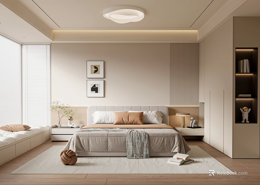 Modern Minimalist Bedroom Interior With Round Ceiling Light Wall Art Bay Window And Area Rug 3d model 