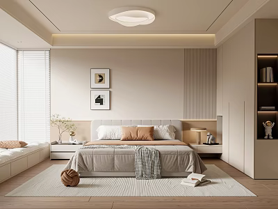 Modern Minimalist Bedroom Interior With Round Ceiling Light Wall Art Bay Window And Area Rug 3d model