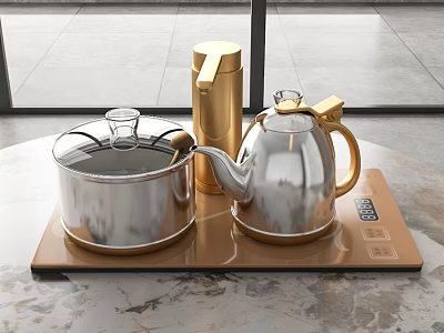 Modern Household Electrical Appliances With Silver Teapot Covered Pot Golden Thermos On Brown Heating Plate 3d model