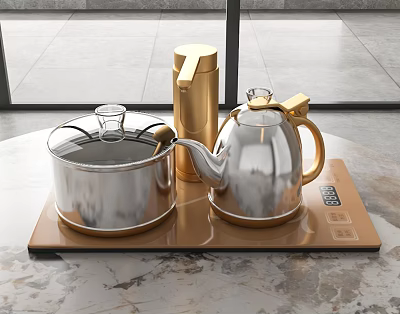 Modern Household Electrical Appliances With Silver Teapot Covered Pot Golden Thermos On Brown Heating Plate 3d model