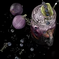 Refreshing Purple Fruit Infused Drink in Mason Jar with Blueberries Figs Lime Thyme and Ice