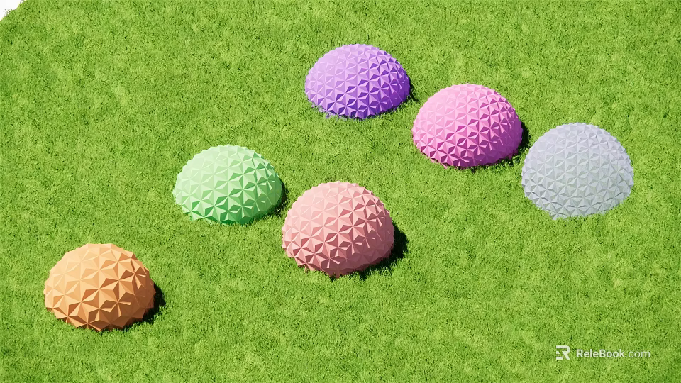 Colorful Hemispherical Decorative Hanging Ornaments With Geometric Patterns On Green Grass 3d model 
