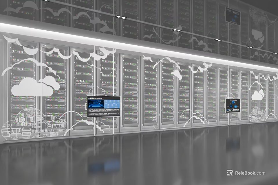 Data Center Server Racks With Digital Screens And Network Equipment Setup 3d model