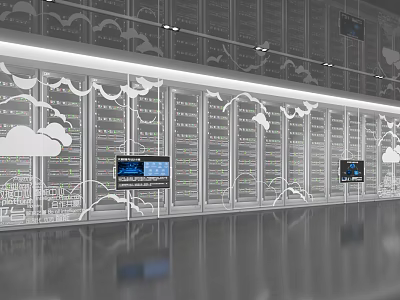 Data Center Server Racks With Digital Screens And Network Equipment Setup 3d model