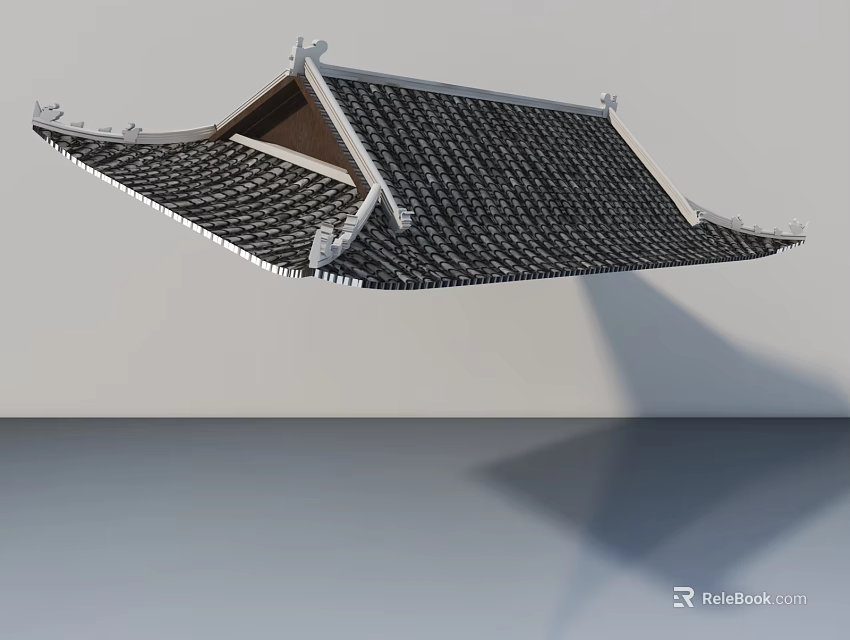 Traditional Chinese Roof 3D Model With Black Tiles Curved Eaves And White Decorations 3d model 