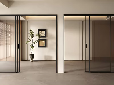 Glass Sliding Doors With Black Frame In Modern Interior Light Walls Gray Floor Green Plant 3d model