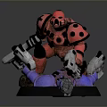 Red Armored Game Character With Black Spots Holding Dual Silver Guns On Purple Orange Base