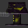 Modern Shelf Unit with Purple Green Finish Yellow Warning Stripes and Metal Basket