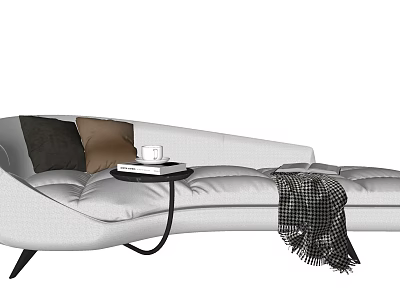 Modern Upholstered Light Gray Sectional Sofa With Black Brown Pillows Side Table And Checkered Blanket 3d model