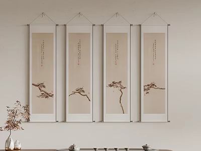 Chinese Style Scroll Paintings With Tree Branch Patterns Hanging On Wall For Interior Decor 3d model
