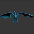 Shiny Blue Dragon Fantasy Creature 3D Model With Wings And Horns On Dark Background