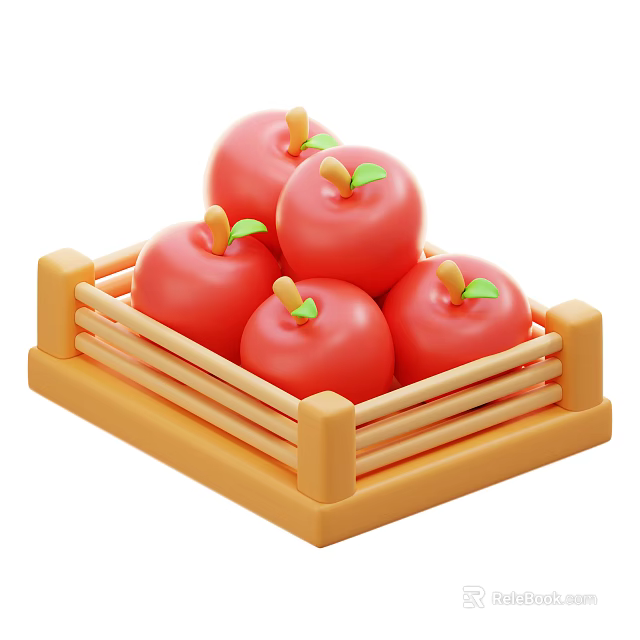 Fresh Ripe Red Apples with Green Leaves Arranged in a Wooden Crate 3d model 